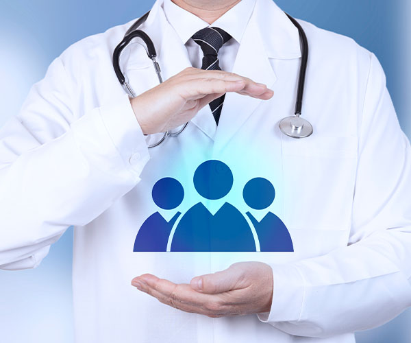 General practitioner in white lab coat with emblem of a family