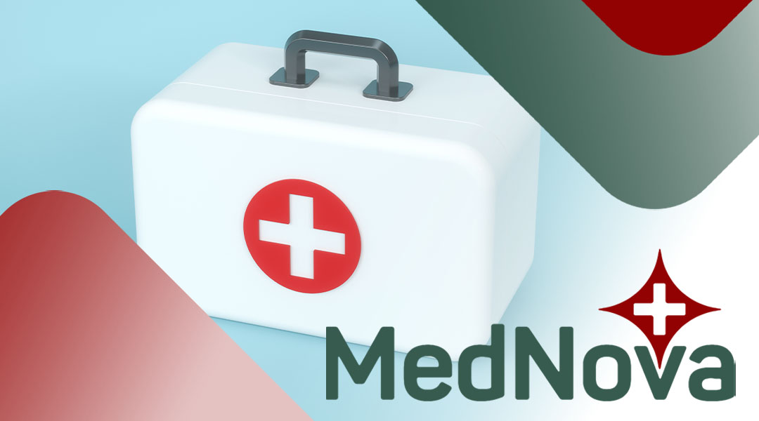 Emergency doctor's briefcase on blue background