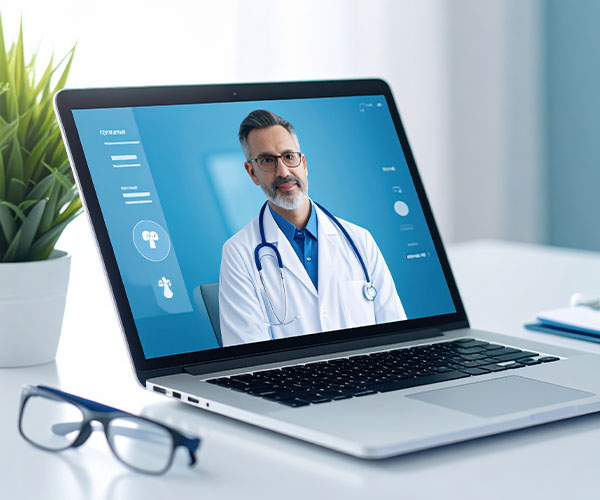 Virtual consultation: General practitioner wearing white lab coat on laptop screen.